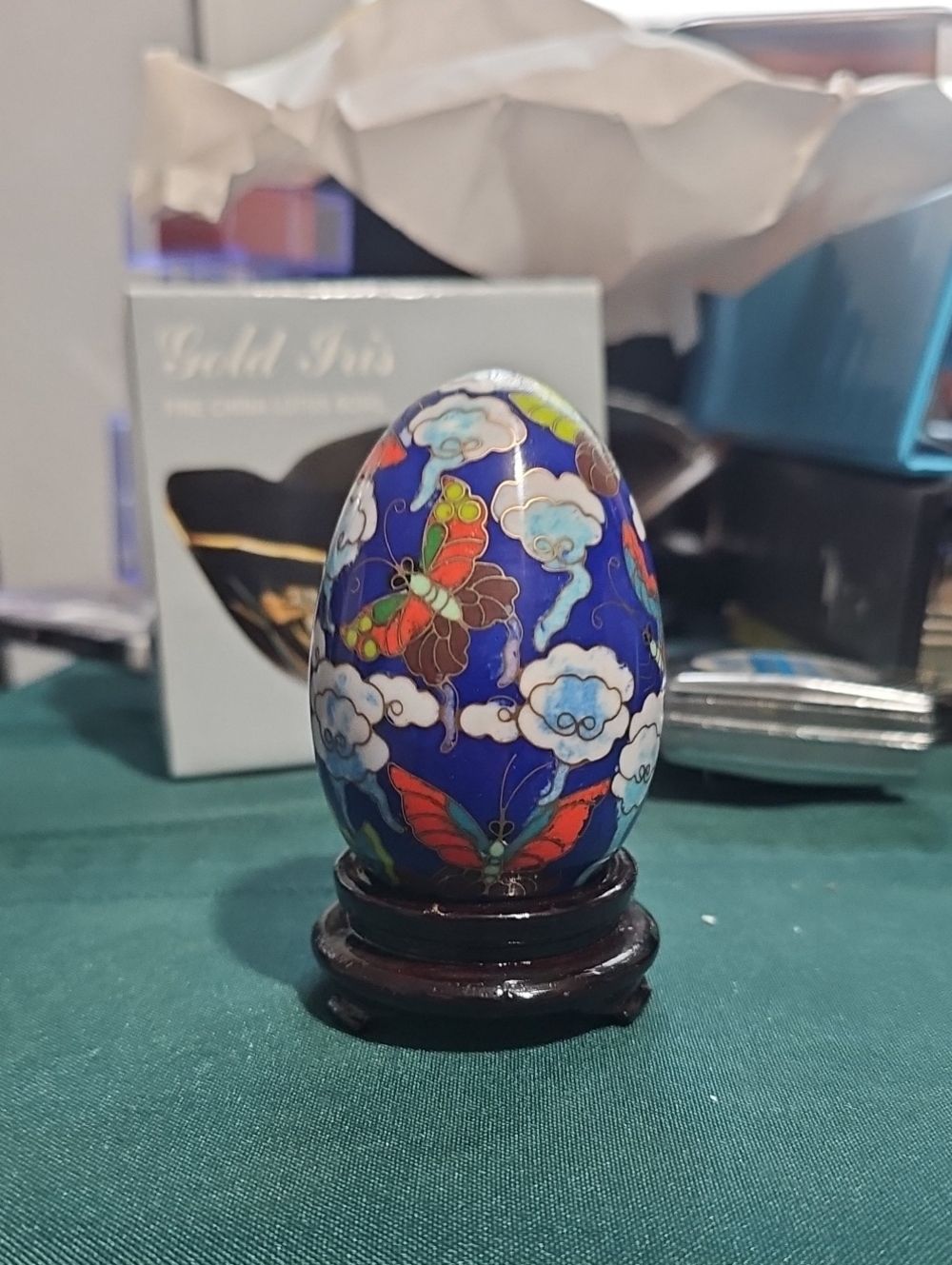 Decorative Blue Cloisonné Butterfly Egg Accent